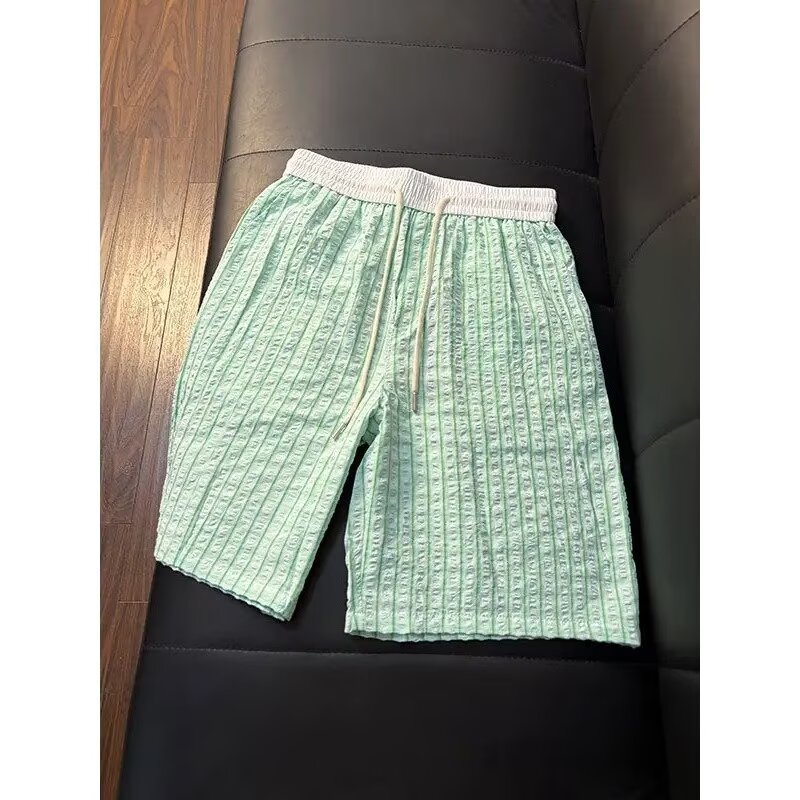 Men's Thin Seersucker Ice Silk Plaid Quick Drying Beach Shorts Summer Athletic Capri Pants_viptrois.com