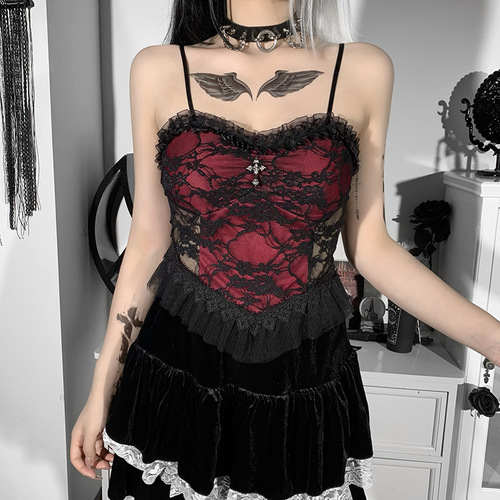 HY21497 dark style European and American Halloween new lace mesh camisole personalized cross vest for women