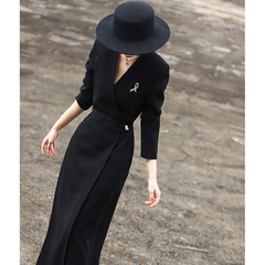 2025秋季新款高級感氣質通勤顯瘦領修身黑色西裝連衣裙女小黑裙