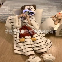 少女可爱米奇连帽珊瑚绒睡袍女冬季新款大码加绒加厚毛茸茸家居服