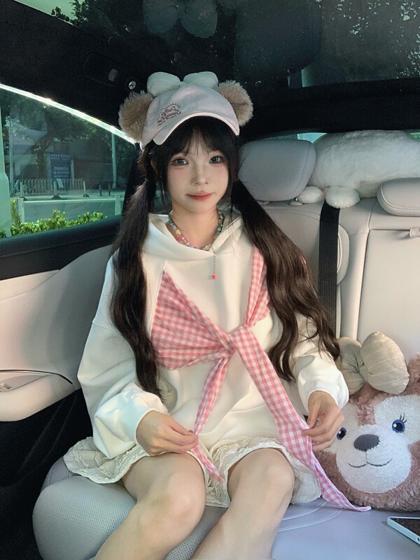 格子绑带拼接连帽卫衣女2025秋季新款宽松学生慵懒风美式chic外套|undefined