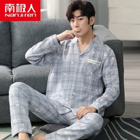 Pijamas de los hombres manga larga 100% algodón primavera, otoño e invierno algodón flojo más tamaño traje desgaste del hogar