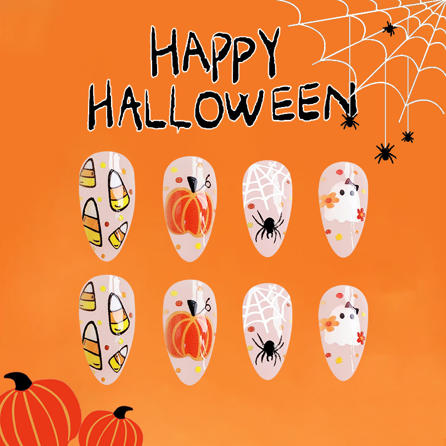 Short oval bright almond spider web ghost pumpkin bat 20.24 million holy day nail art new wear armor 24 pieces_voghion.com