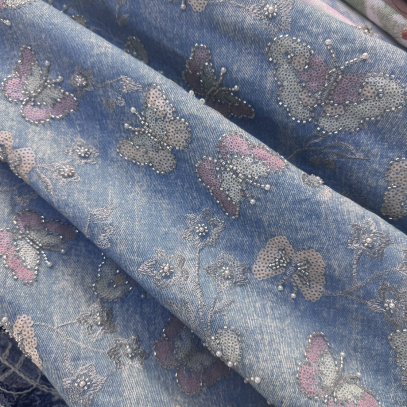 Original Butterfly Heavy Embroidery Denim Fabric Factory Suit Jacket Personalized Dress Graduation Spring and Autumn Denim Fabric