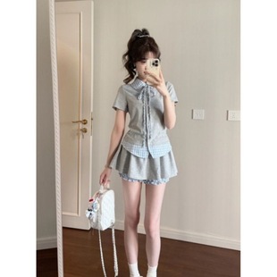Sweet and Spicy College Style Ins Contrasting Color Stitching Plaid Slimming Look Short-Sleeved Top Women's High-Waisted Skirt Two-Piece Suit