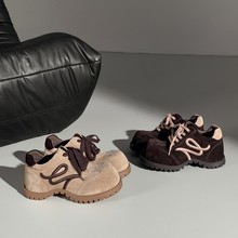 欧洲站女鞋25秋冬时尚撞色系带高丝光牛反绒皮圆头轻厚平底款单鞋