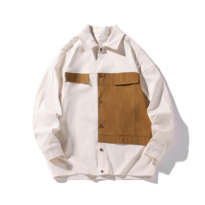 Amerikanisches Retro-Herren-Langarmhemd, trendiges Frühlings-Arbeitshemd mit Farbblock-Design und stylischem, coolem Look_voghion.com