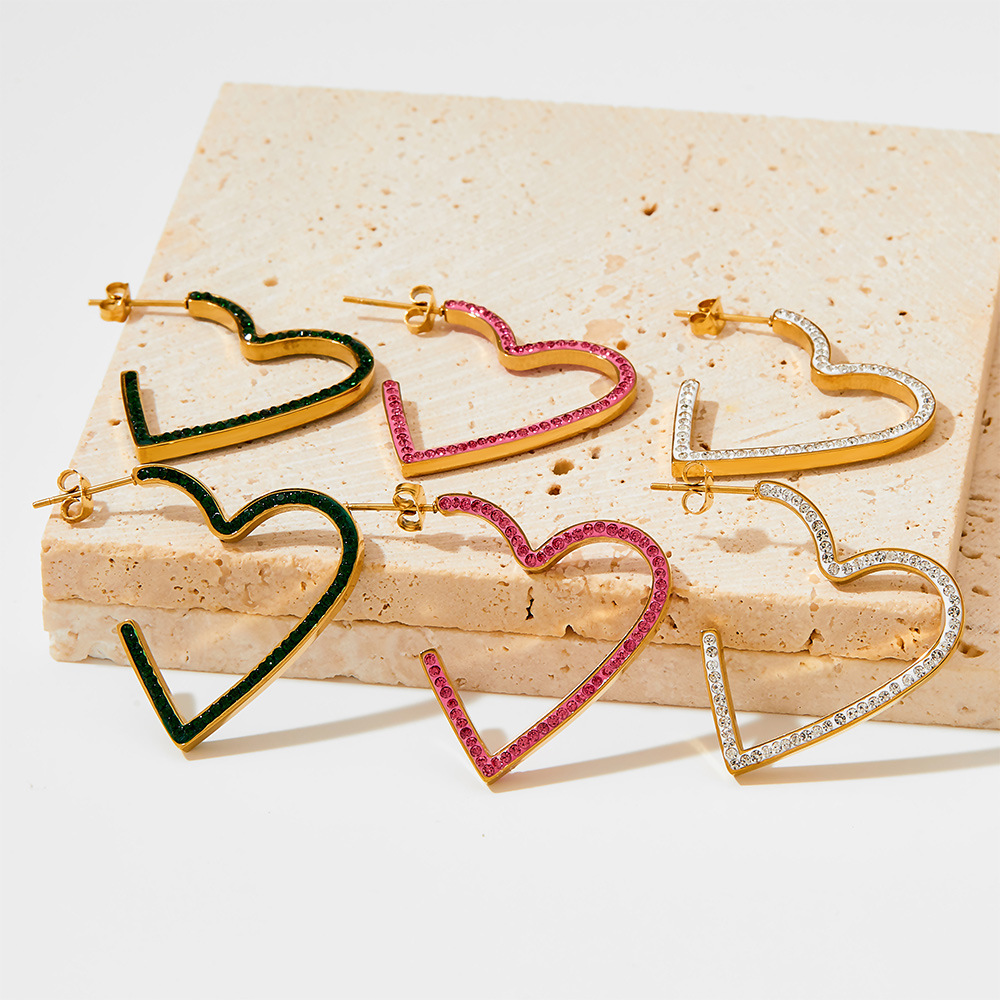 Fashion Heart Shape Stainless Steel Inlay Rhinestones Earrings 1 Pair