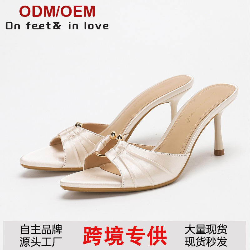 Open-Toe Stiletto High Heels, New Summer Niche Design, Pointed Toe Fish Mouth High Heel Sandals with Pleated Metal Buckle Decoration