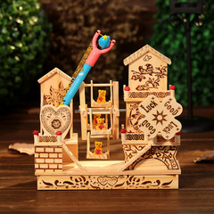 Wooden decorative series music box hourglass pen holder eight-tracks retro cartoon pen holder decoration student graduation gift