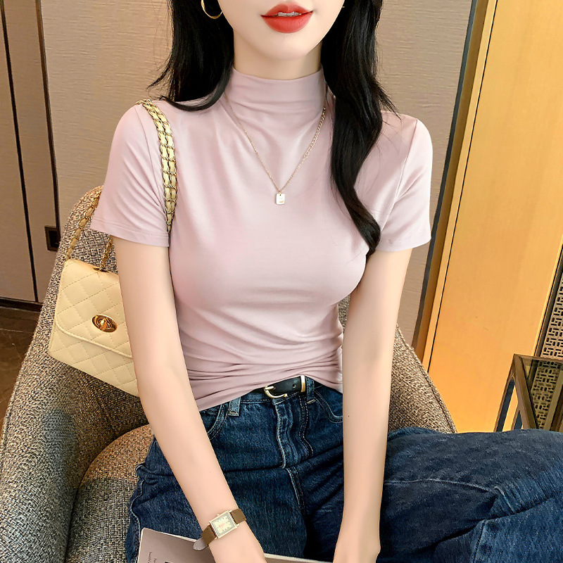 가죽 핑크 하프 터틀넥 반소매