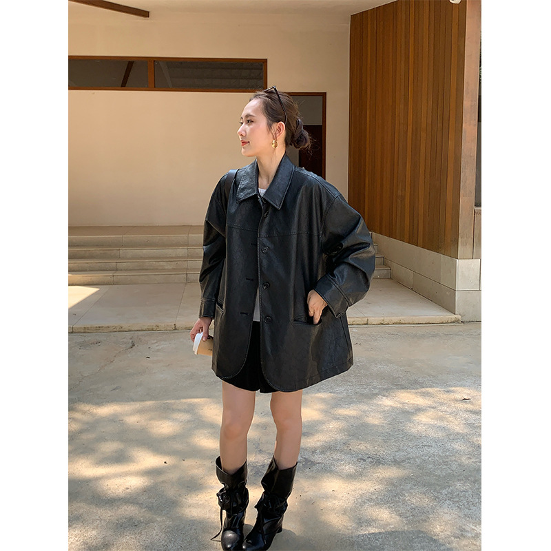 Wanwei Retro Black Pu Leather Jacket for Women 2025 Autumn New Style Textured Split-Line Blazer Leather Jacket P3866