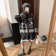 复古圣诞氛围花纹毛衣外套半身裙套装秋冬新款撞色提花针织开衫女
