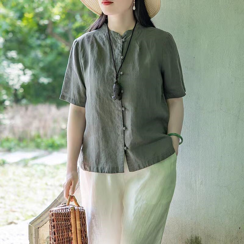 New Chinese Style Retro Zen Cotton and Linen Short-Sleeved Shirt for Women Single-Breasted Simple Loose Versatile Design Niche Top