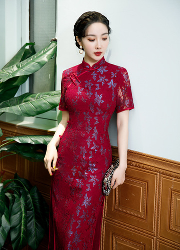  Green wine color Lace Cheongsam Chinese dress qipao for women Long Split Lace Hollow Catwalk Show singers host Improved Chinese Style Dress