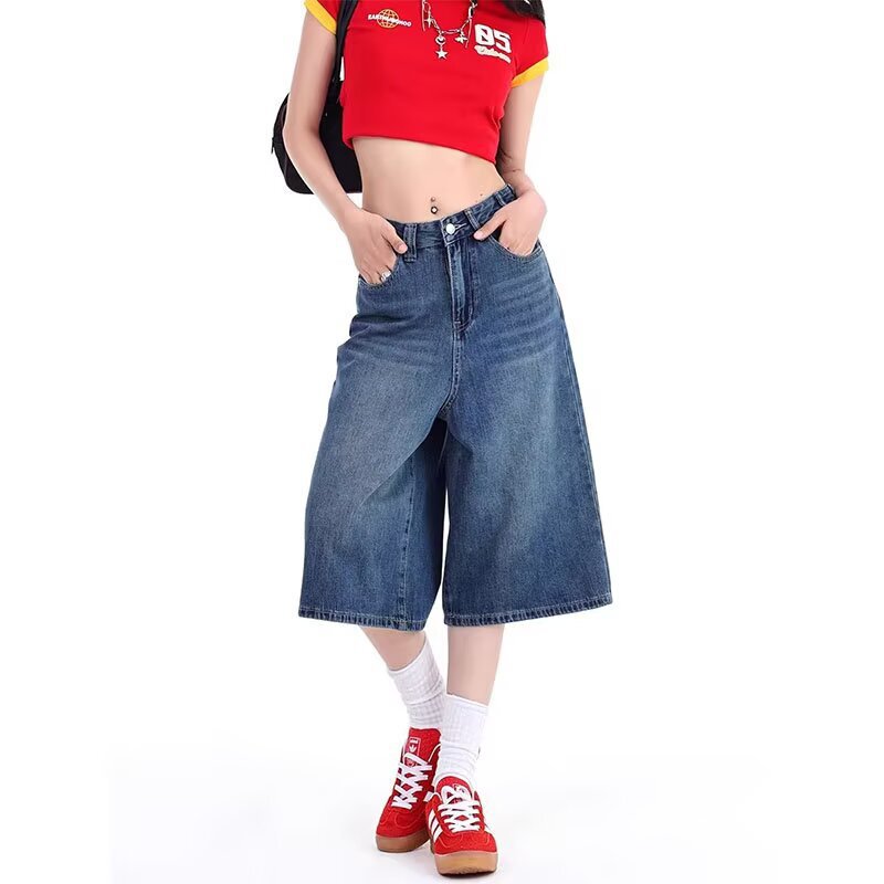 High-Waisted Wide-Leg Cropped Denim Shorts for Women, Summer New Black Washed Loose Casual Slimming Straight Mid-Length Trendy Shorts High-Waisted Wide-Leg Cropped Denim Shorts for Women, Summer New Black Washed Loose Casual Slimming Straight Mid-Length Trendy Shorts