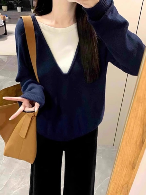 慵懒风软糯V领藏青色假两件针织衫女秋冬学院风气质宽松毛衣上衣1|undefined