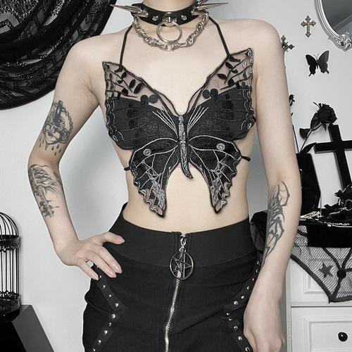 JY23138 Summer  new style European and American style street trendy dark butterfly lace halter top