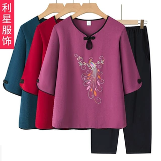 中老年人夏装女奶奶短袖套装妈妈印花t恤两件套老太太上衣服宽松