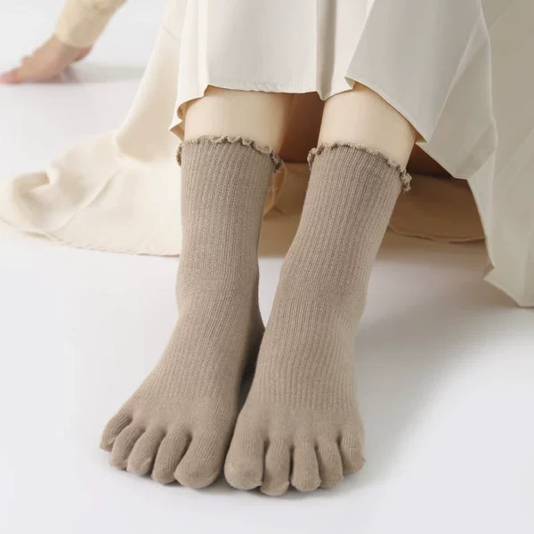 Boneless Autumn and Winter Mid-Calf Lace Toe Socks for Women Pure Color Cotton Loose Mouth Confinement Socks Ins Trendy Versatile Korean Style Toe Socks