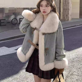 美式复古胖mm羊羔毛牛仔外套女冬200斤高级感加厚短款服上衣