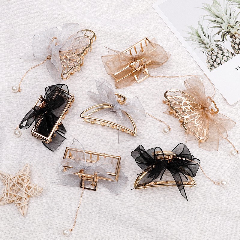 New mesh bow Pearl tassel pendant alloy gripper temperament back head updo hair accessories shark clip