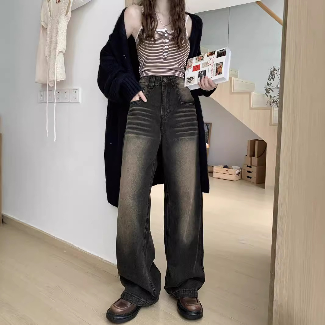 KEL American retro washing and antique straight jeans for women in autumn high waist slimming wide-leg floor trousers