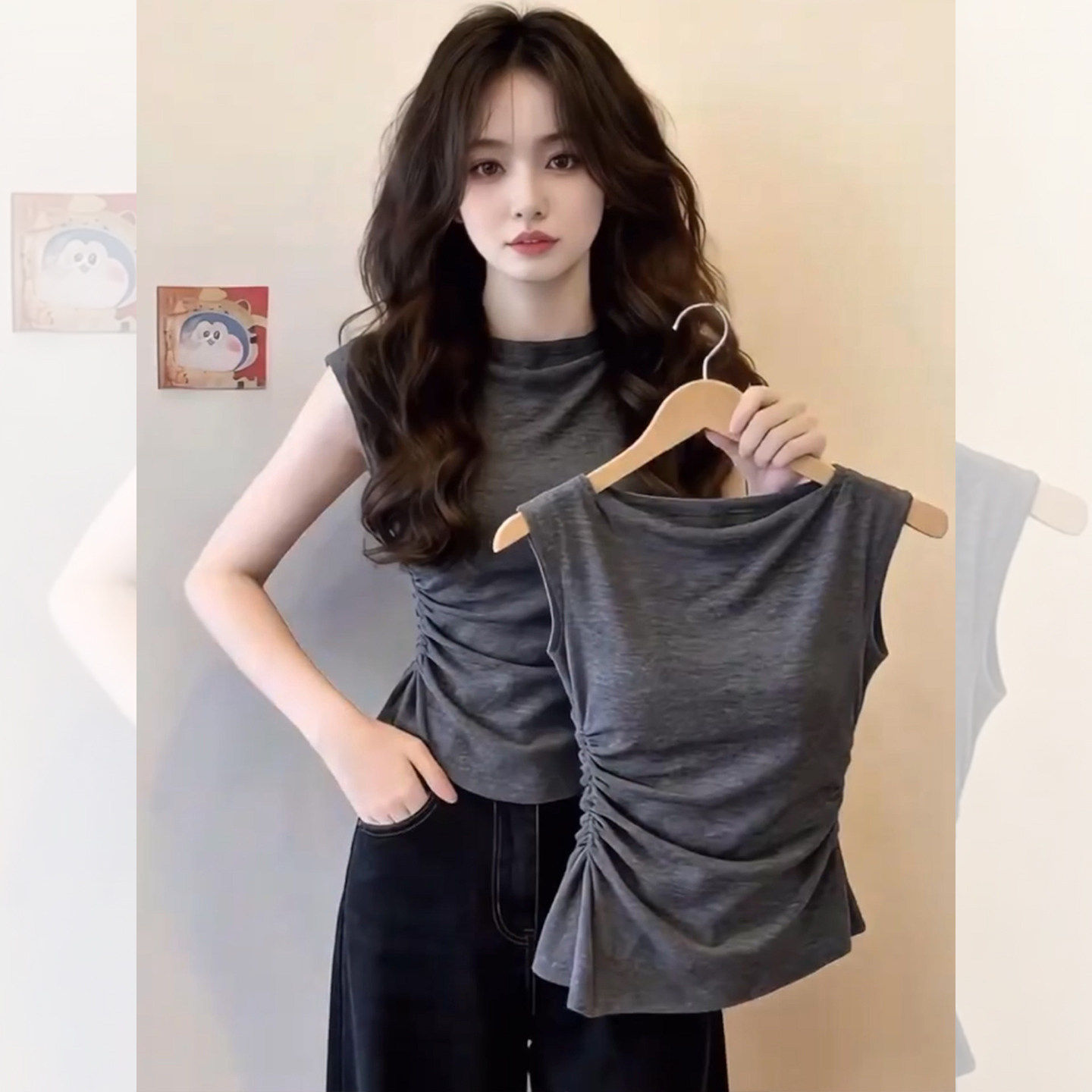 Áo thun nữ tay ngắn xếp ly cổ tròn dáng suông tay lỡ bay — màu xám chi tiết 2