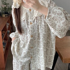 レースの丸襟のパジャマの女性の春秋の新型の春と秋の高顔の値の砕花のカーディガンの長袖の家庭服のスーツは外で着ることができます。