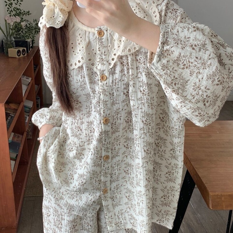 Lace Crewneck Pajamas Women's Spring and Autumn New Spring and Autumn High-value Floral Cardigan Long-sleeved suit Outfit