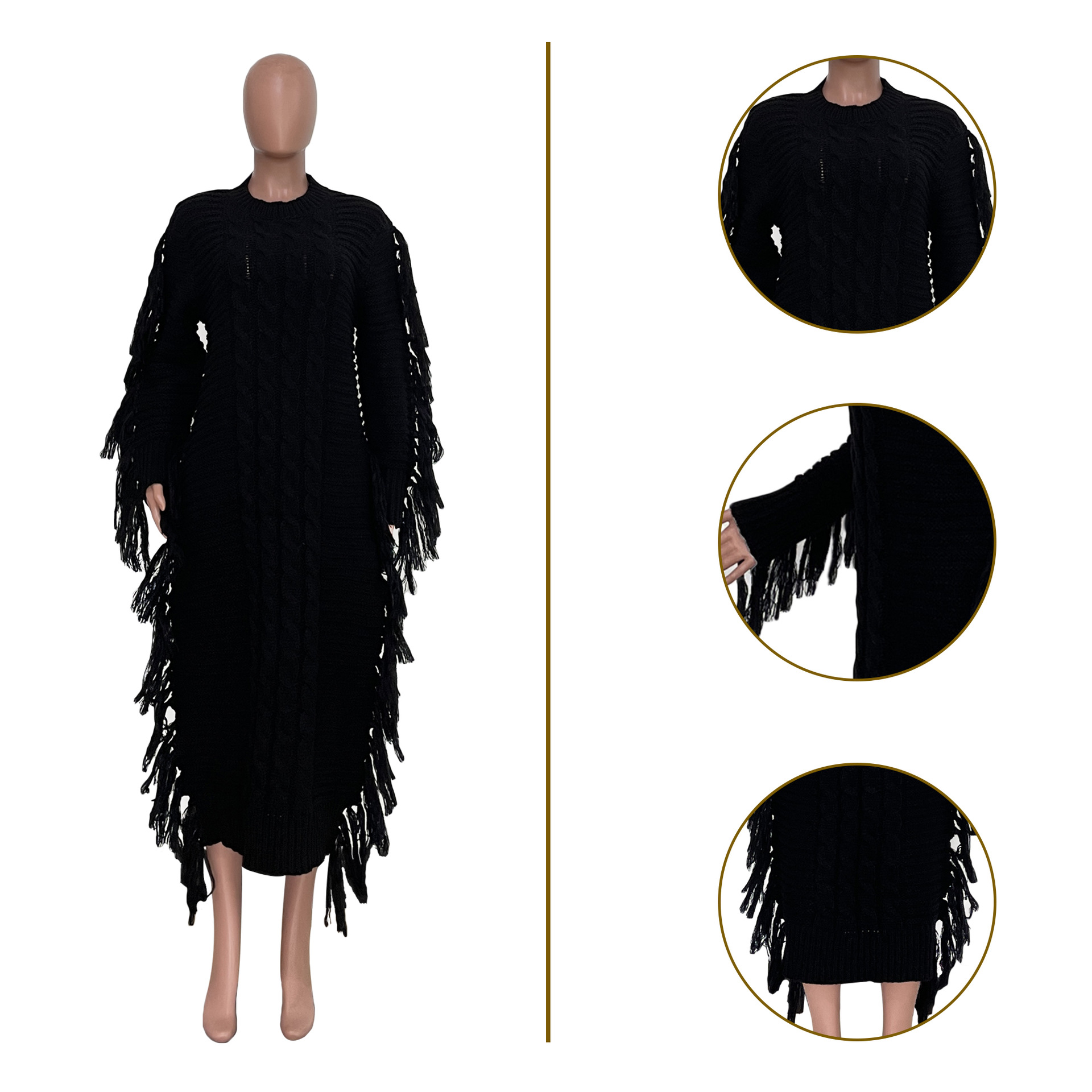 Robe pull femme avec franges longues en maille pour l'hiver_voghion.com