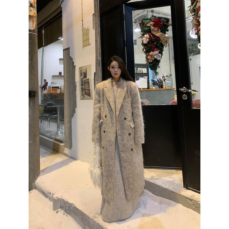 慵懒风复古翻领设计感燕麦色加厚毛呢大衣外套女秋冬新款呢子外套|undefined