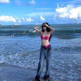 跨境批发艺考泳衣Bikini玫红色比基尼钢托小胸聚拢性感三点式拍照