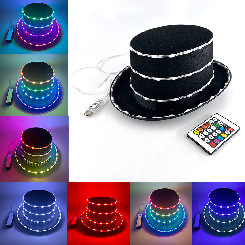 LED ilusionario fluye agua brillante sombrero negro fiesta bar bungee espectáculo decoración de la noche sombrero LED luminoso