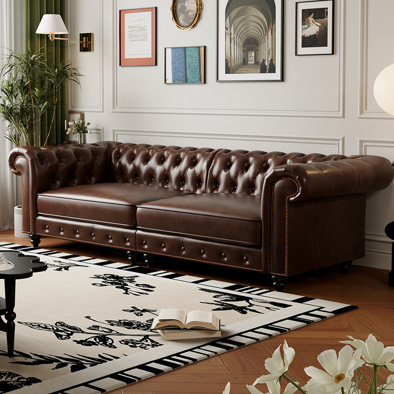 American-Style Retro Sofa, Oil Wax Leather, Living Room, Villa, Hotel, Club, Mid-Century Style, Straight-Row Black Buttoned Sofa Furniture