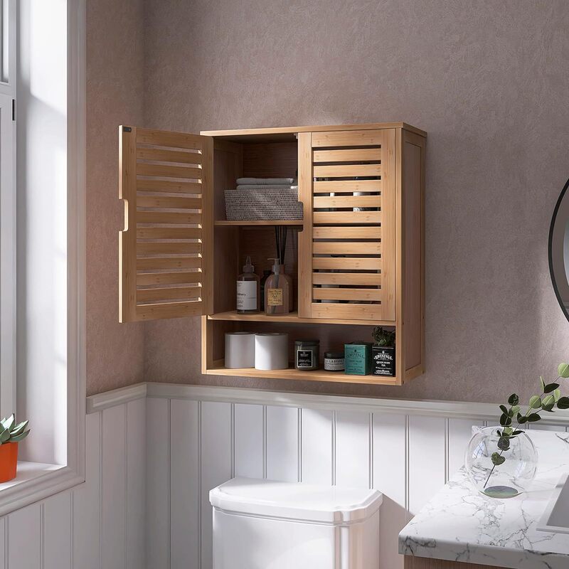 Foreign Trade Wholesale Customized Bamboo Double Door Bathroom Cabinet, Wall-Mounted Toilet Storage Box with Adjustable Shelves