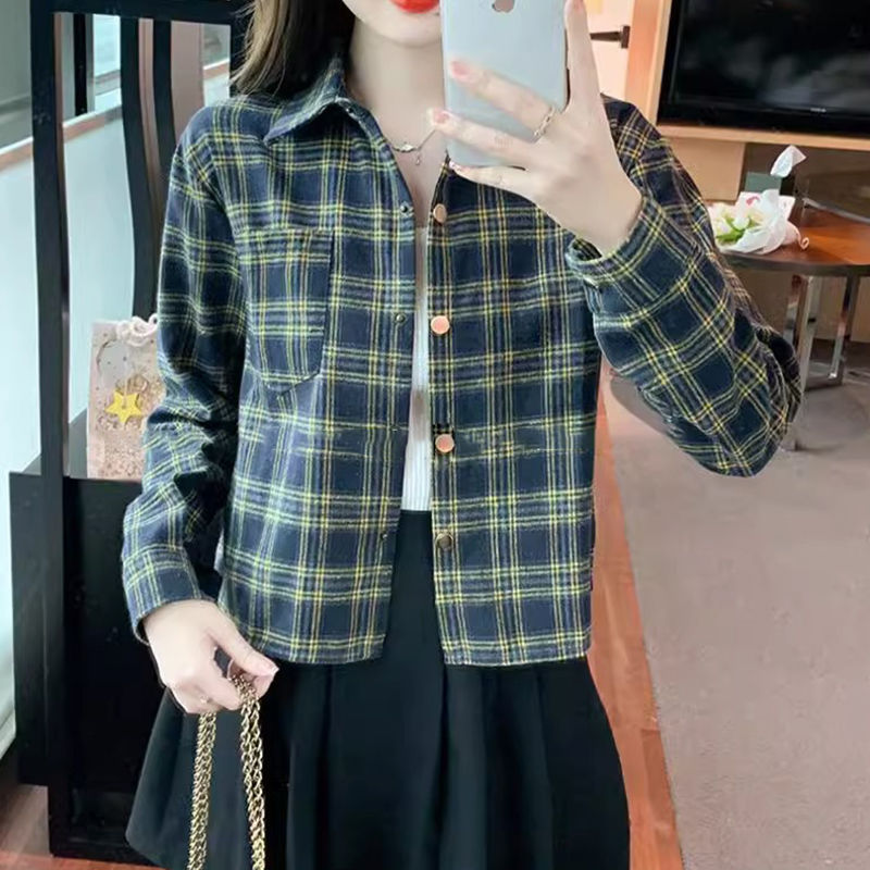 磨毛格子衬衫女款外套小个子春秋2025新款设计感小众复古短款衬衣|undefined
