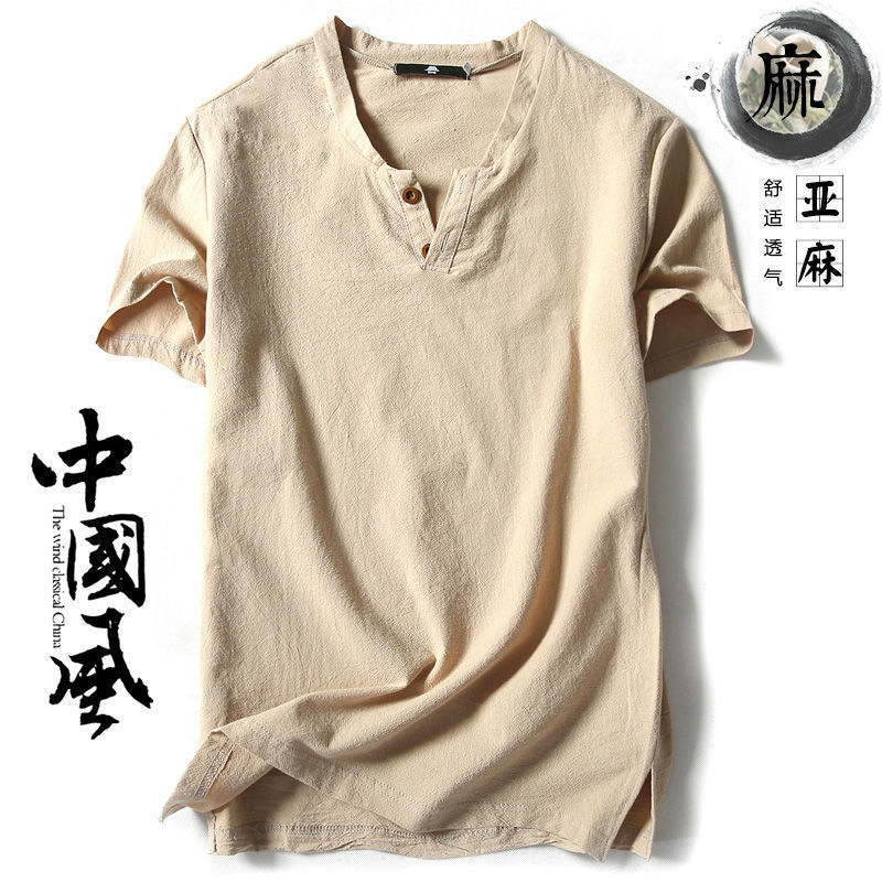 Chinese Style Linen T-shirt Men's Short-sleeved Summer Solid Color Cotton and Linen Half-sleeved V-neck Base Shirt Chinese Style Men's All-match Top