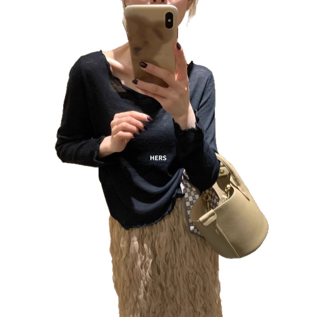 Hers coreano simple y versátil, perezoso, Ou Ruofeng, ligero y cómodo, camiseta de manga larga, camisa de fondo para mujer, verano 20285 image 5