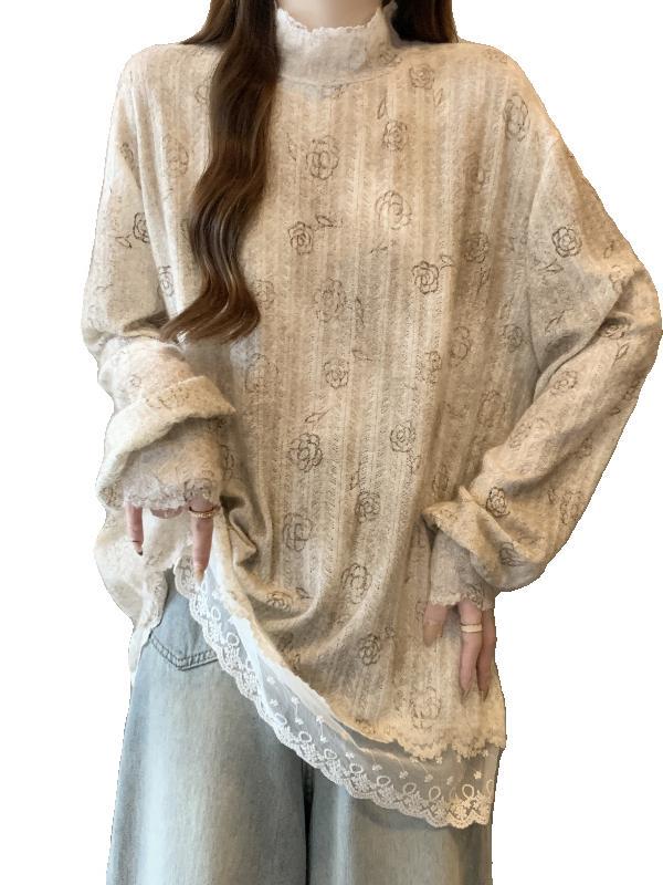 玫瑰提花半高领长袖T恤女秋季大码胖mm假两件蕾丝下摆中长款上衣|undefined