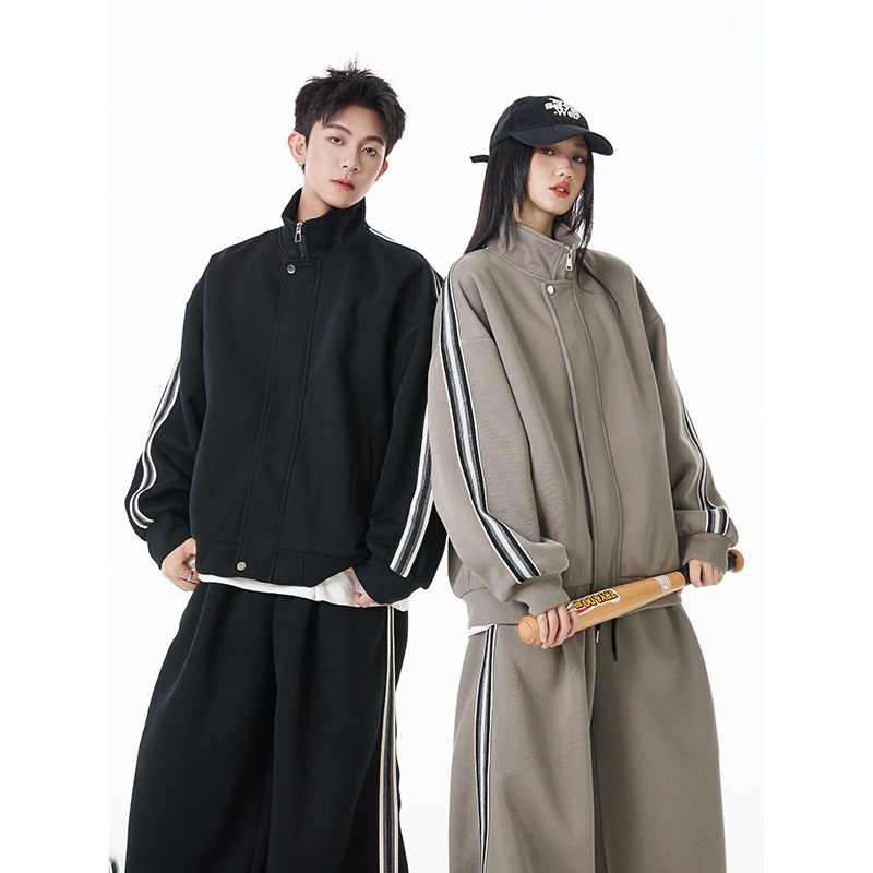 American Style Stand Collar Color-Block Sweatshirt Set Men's Autumn Trendy Loose Casual Long Pants Sports Casual Two-Piece Set