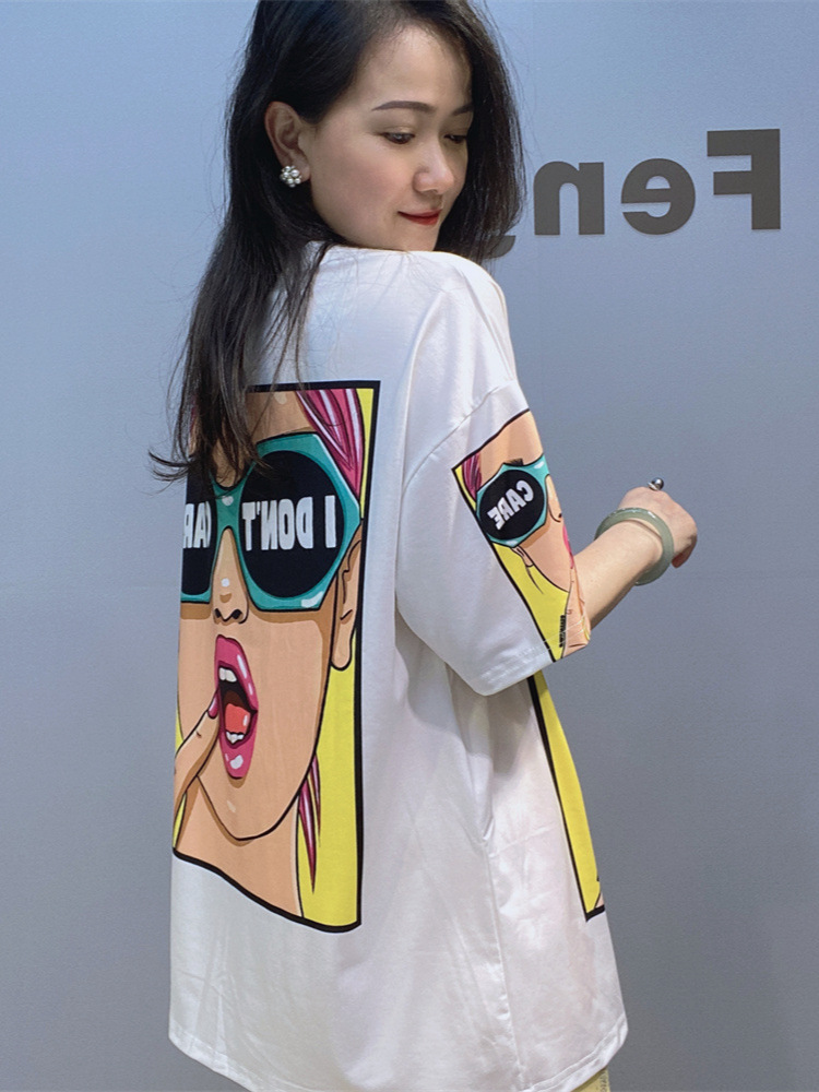 Camiseta de Mujer con Cuentas y Estampado de Algodón y Spandex Corte Holgado para Verano