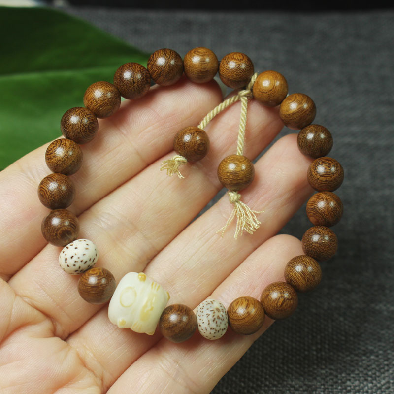 8mm Gold Sandalwood Single-Loop Bracelet with Bodhi Cat Beads, Women's Prayer Beads, Decorative Jewelry, Hand Accessory, Gift