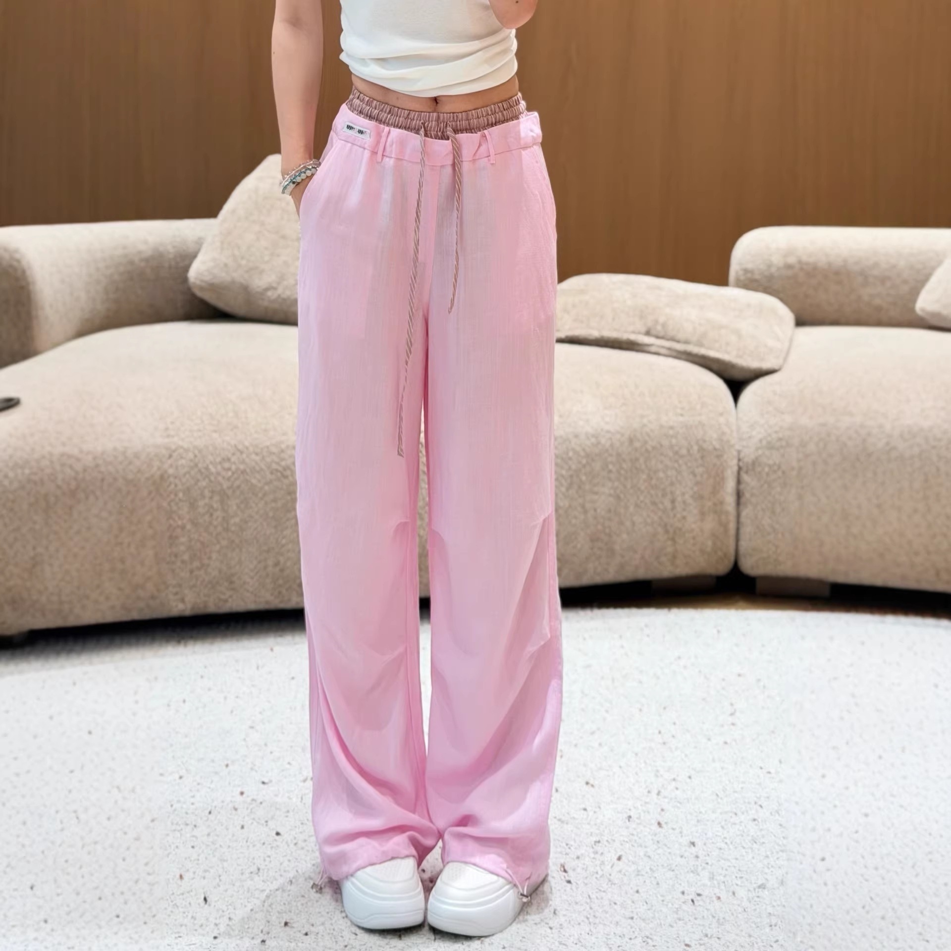 现货高版本26ss夏季miu系撞色拼接亚麻松紧腰休闲阔腿裤女新品潮