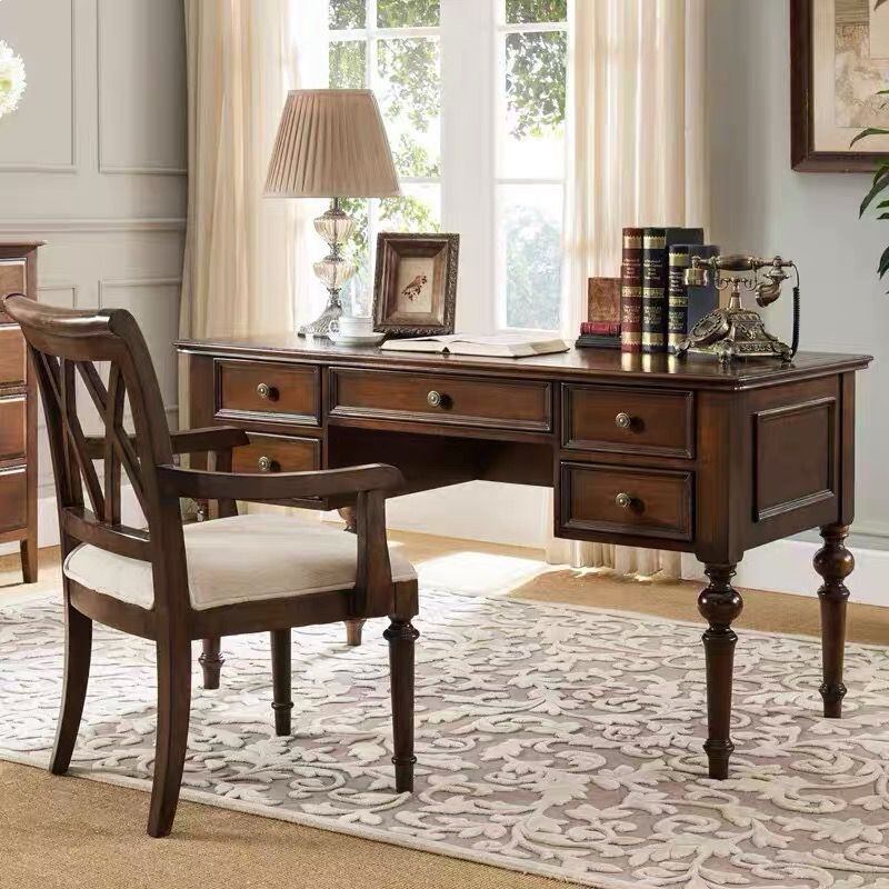 American-Style Solid Wood Retro Desk and Chair Set, Light Luxury Study Desk, Computer Desk, American-Style Office Desk, European and American Style, Walnut Color