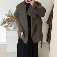 东大门大翻领可立领双面羊绒大衣女腰带浴袍系带羊毛呢短款外套女