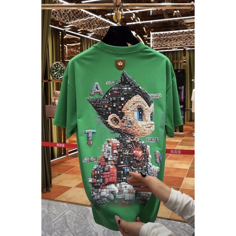 New short-sleeved cartoon summer T-shirt, fashionable and trendy men's round-neck clothing with printed design, loose fit, niche and slimming