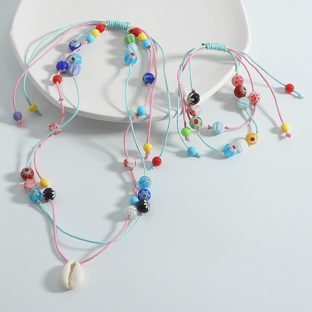 Cross-border Popular Korean Fashion Handmade Colorful Thread Woven Bracelet And Necklace Set Multi-layer Glass Bead Clavicle Chain Wholesale display picture 6