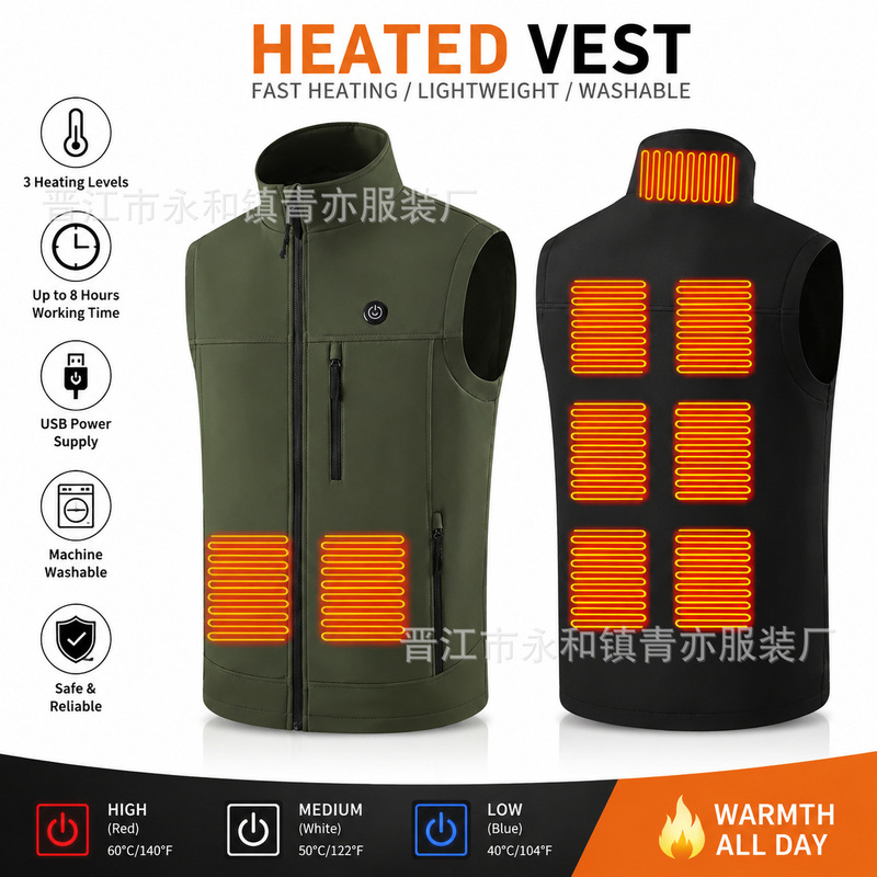 Winter Cross-Border Hot-Selling Smart Heating Vest with Three-Level Single-Control Nine-Zone Heating, Casual Soft-Shell Heated Vest for Men
