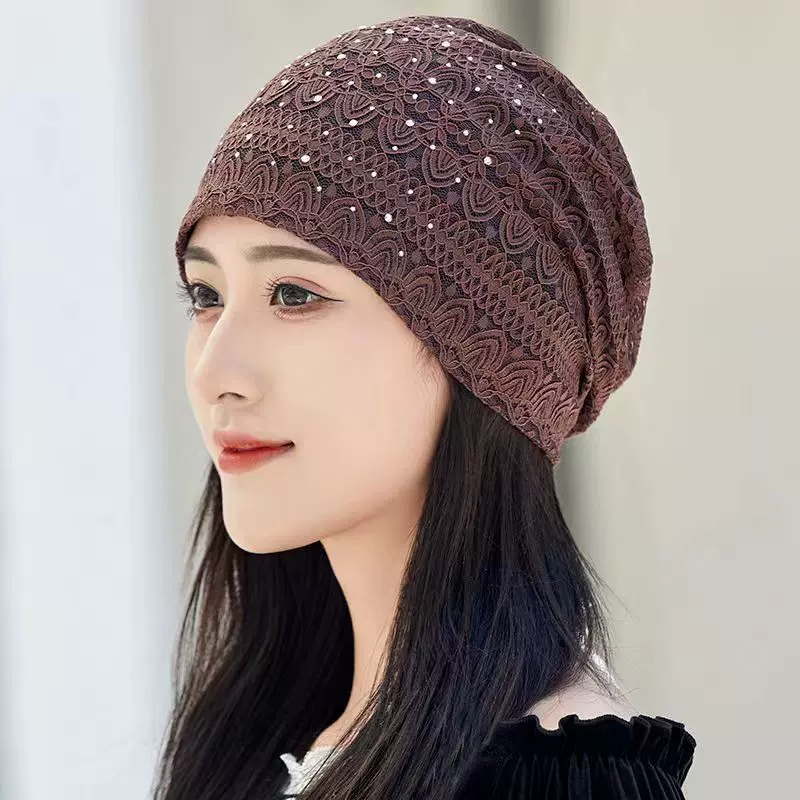 帽子女春夏季薄款透气蕾丝水钻时尚头巾帽遮白发包头帽休闲堆堆帽